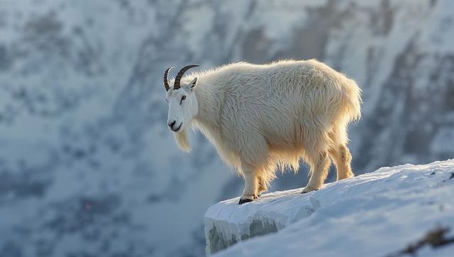 Mountain goat standing on icy cliff edge backlit by low sun in remote alpine winter