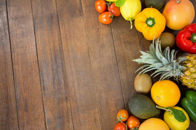 Colorful arrangement of fresh fruits including pineapple, citrus fruits, and tomatoes on wooden background. Ideal for use in food blogs, health and nutrition websites, or advertisements promoting healthy eating habits.