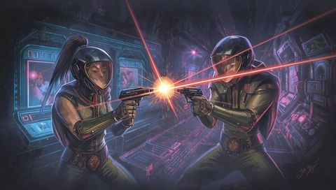Armored operatives trading laser pistol fire during tense neon starship duel