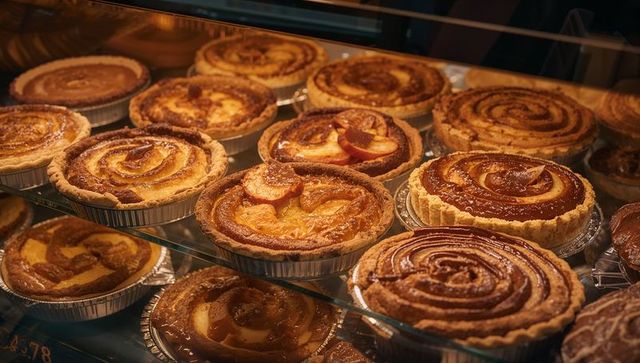 Assorted fruit tarts illuminating bakery display
