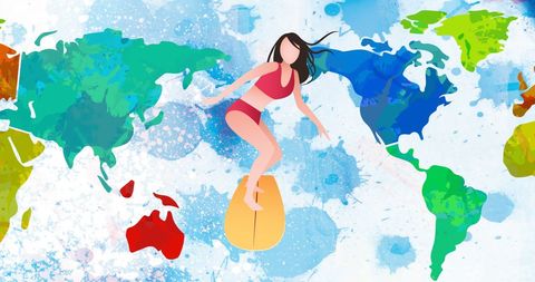 Cartoon Woman Surfing Over Colorful World Map with Blue Splashes - Download Free Stock Images Pikwizard.com