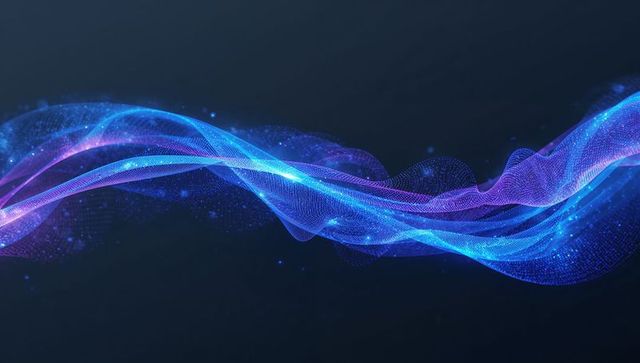 Abstract Flowing Blue-Purple Neon Wave With Particle Mesh and Glowing Light Trails