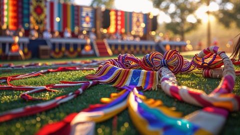 Colorful woven cords and tassels artfully arranged on grassy field