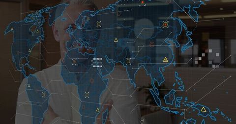 Senior executive uncrossing arms reviewing holographic world map and asia market analytics