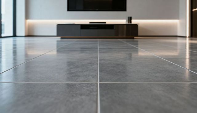 Contemporary gray stone-look floor tiles with narrow grout lines and led ambience