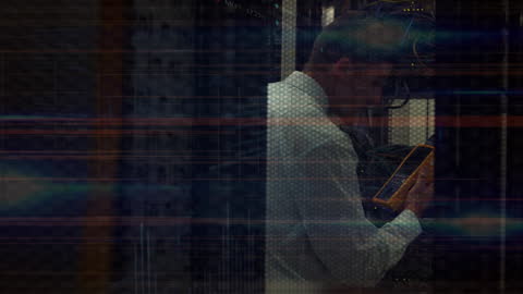 IT Technician Analyzing Data in Server Room with Digital Overlay