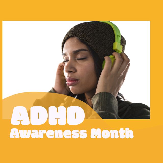 Biracial young woman with eyes closed listening music on headphones, adhd awareness month text. Copy space, digital composite, raise awareness, support, effective treatment, healthcare.