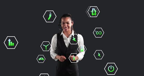 Smiling Businesswoman Using Headset With Digital Icons