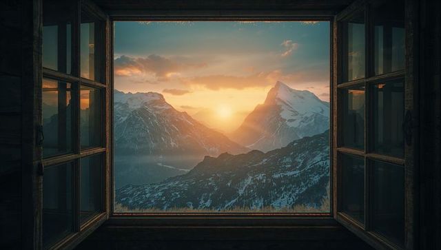 Sunrise view through cabin window to snowy mountain peaks