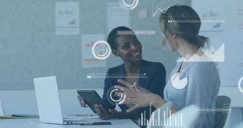 Colleagues Discussing Analytics with Digital Data Overlay - Download Free Stock Images Pikwizard.com