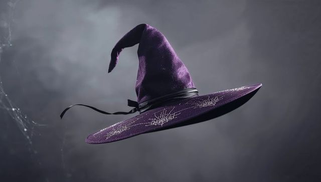 Hovering witch hat with silk web accents for mystical allure