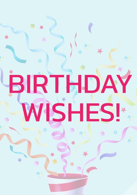 Design shows 'Birthday Wishes' text with colorful streamers and confetti on a pastel background. Can be used for creating birthday cards, party invitations, or social media posts to celebrate birthdays in a cheerful and vibrant manner.