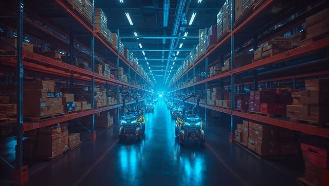 Autonomous robots in futuristic warehouse