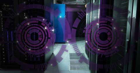 Purple Digital Circuits Overlay on High-Tech Server Room - Download Free Stock Images Pikwizard.com