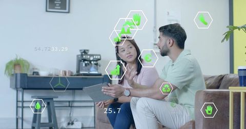 Casual Business Discussion in Modern Office Lounge with Analytics Overlay