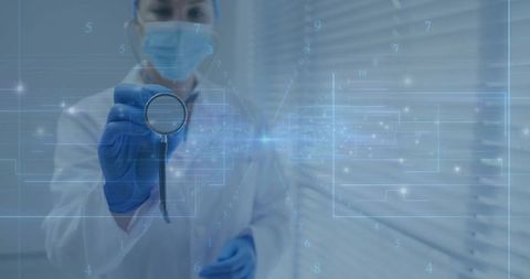 Female Doctor Extending Stethoscope Toward Holographic Digital Health Interface for Telemedicine