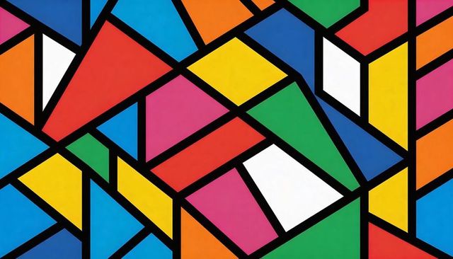 Featuring Vibrant Geometric Mosaic with Bold Black Outlines and Colorful Polygons