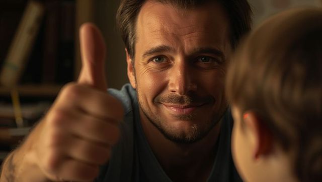 Smiling man giving thumbs up to child at home conveying warmth, encouragement and trust