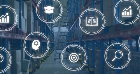 Warehouse Efficiency With Digital Data Analytics Icons Overlay
