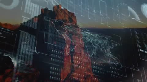 Digital Map Overlay on Rugged Mountain Terrain Illustrating Global Connectivity