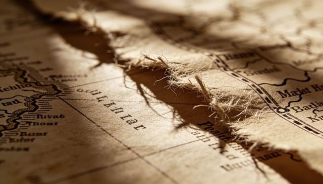 Frayed seam on antique parchment map, sepia close-up showing torn edge and texture
