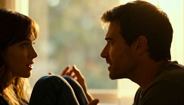 Couple having intimate conversation near sunlit window closeup emotional moment