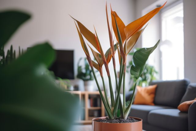 Brightly colored houseplant in a contemporary living room. Orange plant pot and matching decor create a cohesive and modern aesthetic. Suitable for articles on interior design, home aesthetics, or urban gardening tips.