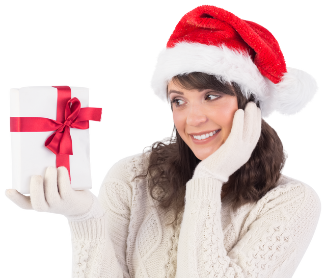 Happy Woman in Santa Hat Holding Gift with Red Ribbon – Transparent - Download Free Stock Videos Pikwizard.com