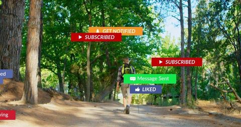 Hiker walking sunlit forest trail with floating social media notification badges