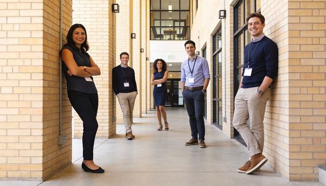 Smiling diverse professionals standing in modern brick office corridor wearing lanyards