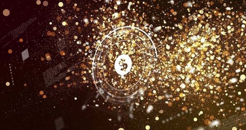 Glowing digital dollar coin spinning in futuristic data field with gold particle burst