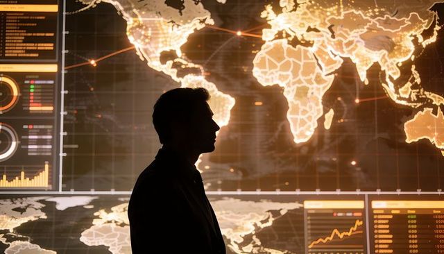 Silhouette Analyst Monitoring Global Data Network on Real-Time Digital World Map Dashboard