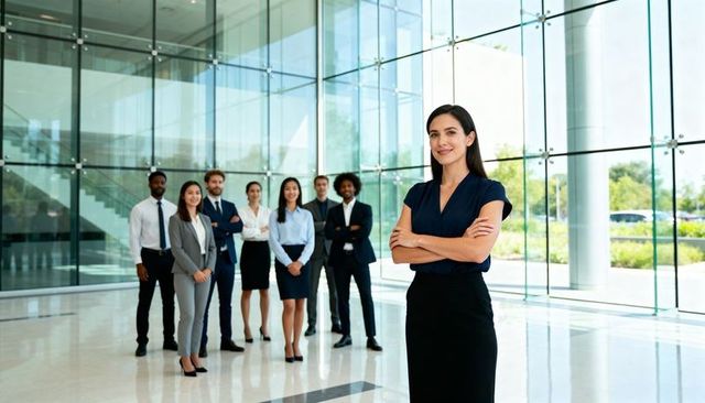 Confident businesswoman leading diverse corporate team in modern glass office lobby
