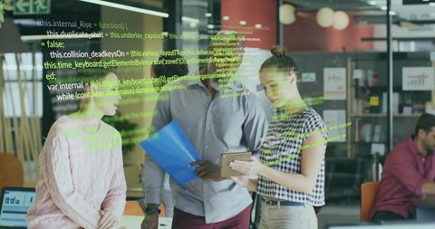 Collaborative Program Discussion in Modern Office with Digital Code Overlay