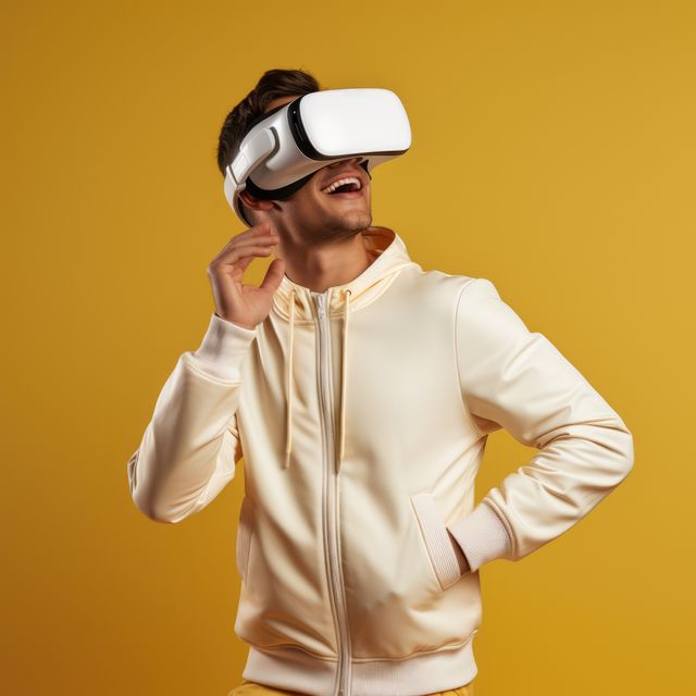 Caucasian man wearing vr ar headset on yellow background, created using generative ai technology. Augmented and virtual reality and technology concept digitally generated image.