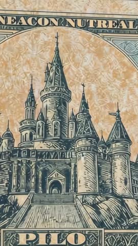 Shifting Camera Revealing Castle Engraving on Marbled Beige Banknote Print, Vertical Video