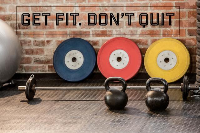 Motivational fitness message displayed in a gym setting with kettlebells, barbell, and colorful weight plates against a brick wall. Ideal for use in fitness blogs, social media posts, gym advertisements, and workout programs to inspire and encourage individuals to stay committed to their fitness goals.