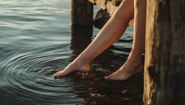 Bare legs dipping into calm lake water from wooden dock at golden hour, peaceful ripples