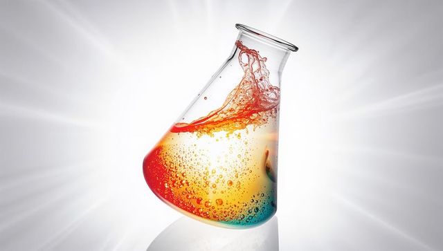 Tilting erlenmeyer flask with vibrant multicolor liquid and splashing bubbles