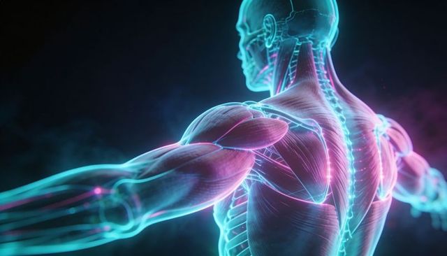 Neon anatomical posterior torso showing spine, deltoid muscles and back musculature