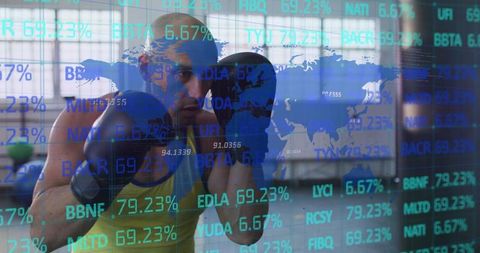 Boxer training with stock ticker and world map overlay for business and fitness concept