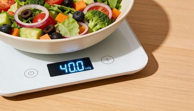 Digital kitchen scale weighing fresh salad bowl on light oak counter with blue lcd display