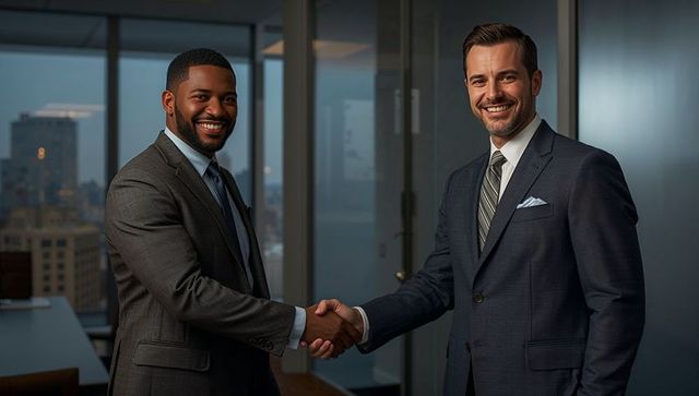 Business Partners Shaking Hands in Corporate Office Setting