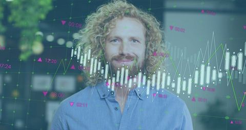 Caucasian Businessman with Digital Financial Metrics Overlay