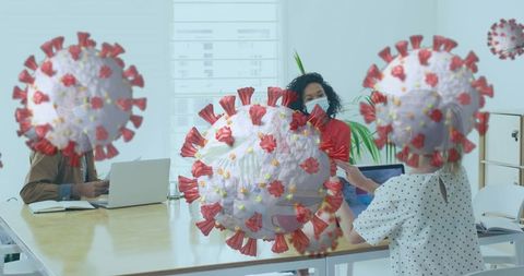 Office Meeting with COVID-19 Cells Illustrating Pandemic Impact