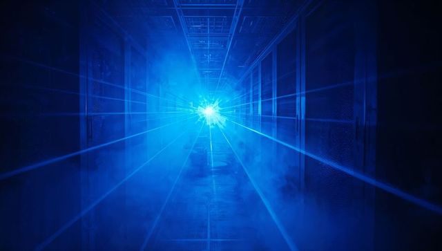 Blue laser beam piercing hazy data center aisle with server racks and cable trays
