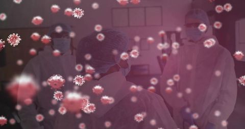Medical team wearing ppe discussing patient care in laboratory with virus particle overlay
