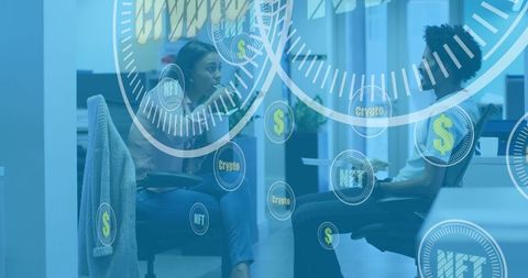 Business discussion with digital finance interface overlays