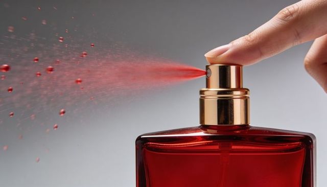 Pressing finger spraying red glass perfume bottle with gold atomizer emitting fine mist