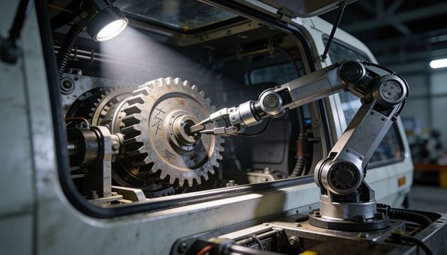 Robotic arm cnc machining steel spur gear rotating on spindle in manufacturing cell